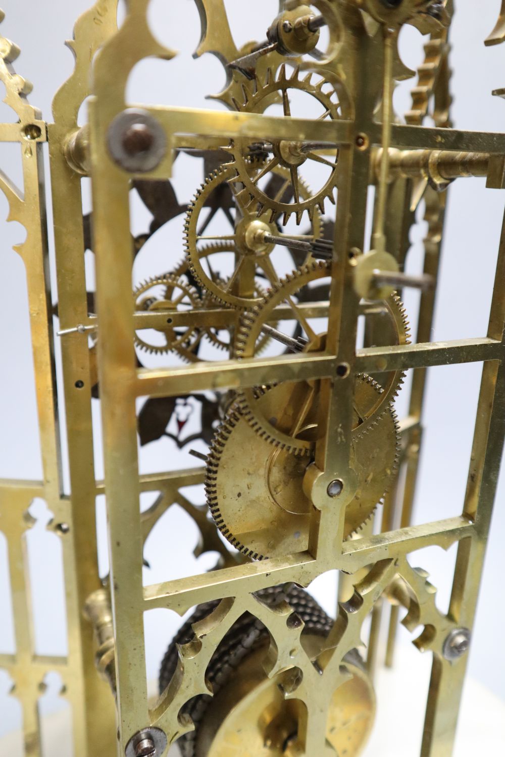 A Victorian single fusee skeleton clock, featuring four-wheel in-line train, makers label Boddington, Manchester, 40cm high
